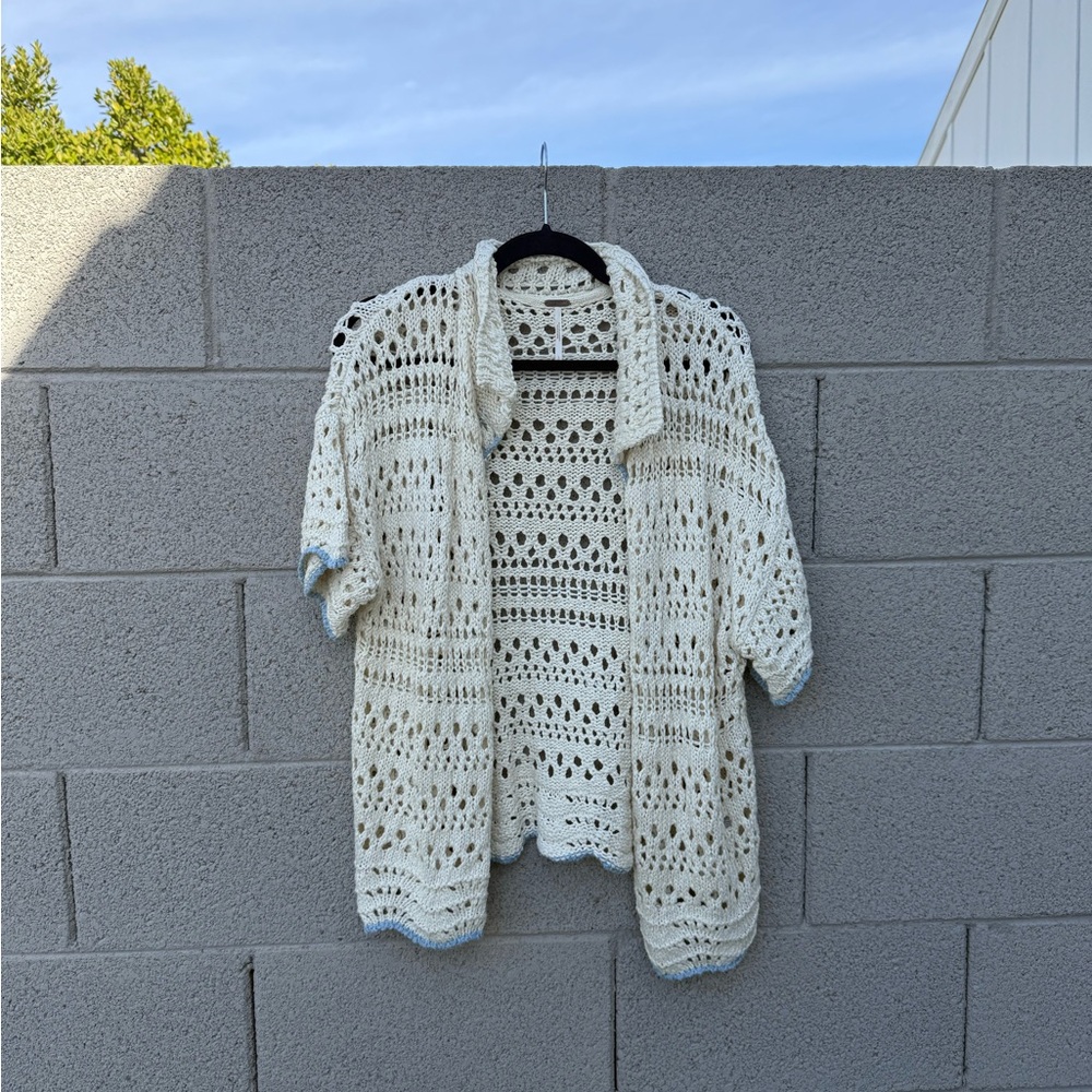 Free People Off- White Crochet Sweater with Blue Trim